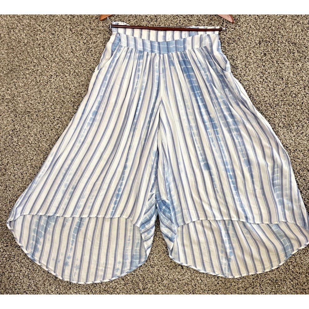Blue Island Tiered Wide Leg Palazzo Pants Blue White Striped Tie Dye Size M